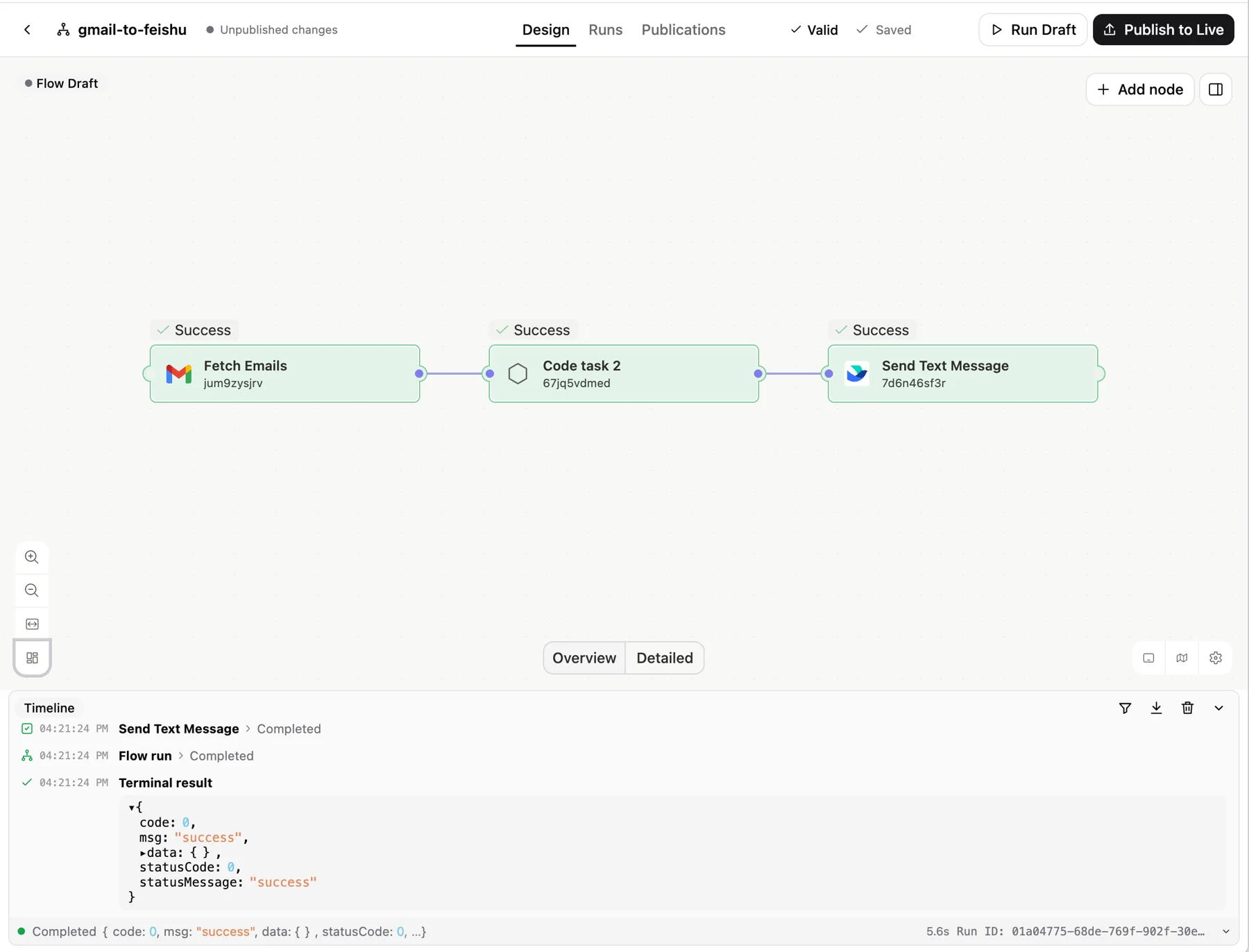 The real Open Flow Workbench: a Gmail-to-Feishu workflow, with execution results.